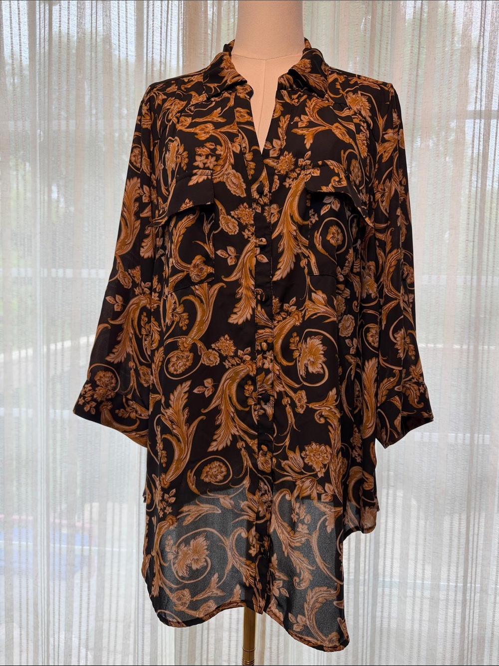 torrid Black Blouse with Mustard Floral Scroll Print